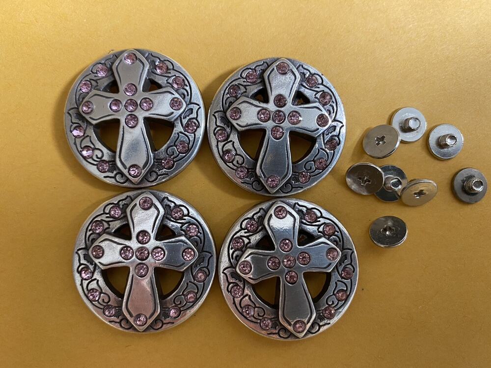Lot of 4 Silver Conchos with Pink Rhinestone Cross with Screws New 1” Wide
